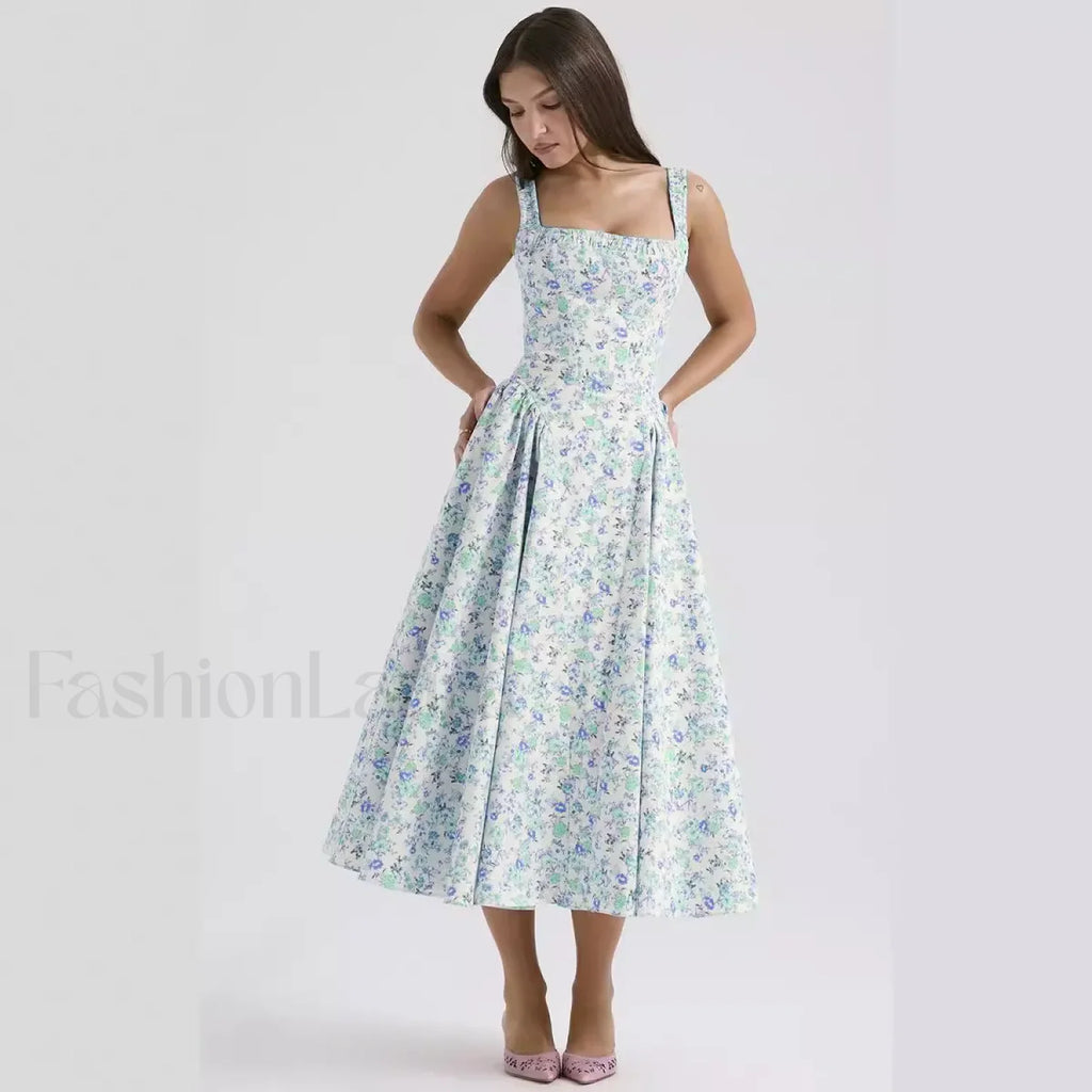 Bohemian Fragmented Flower Midi Dress Green / S