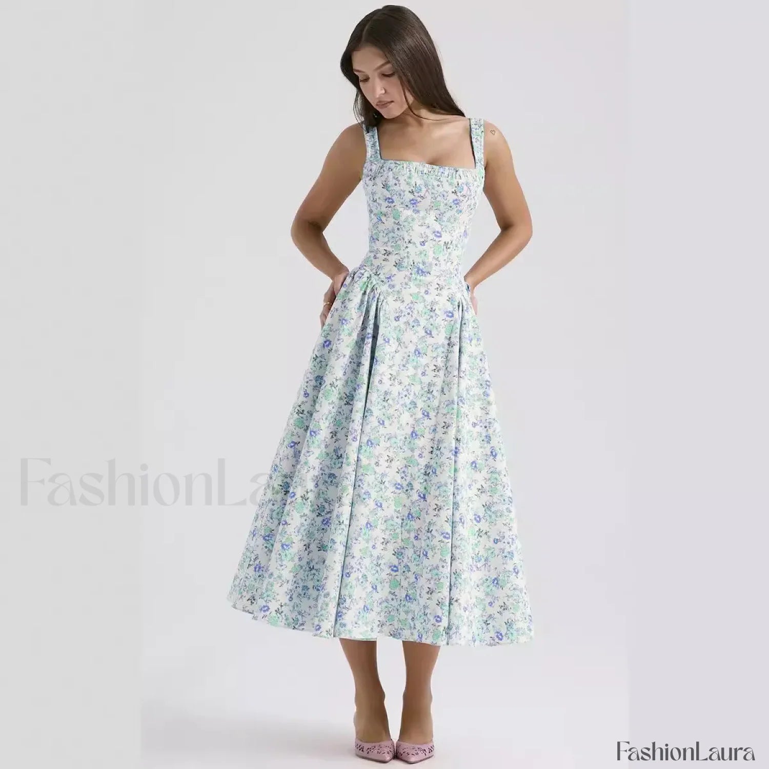 Bohemian Fragmented Flower Midi Dress Green / S
