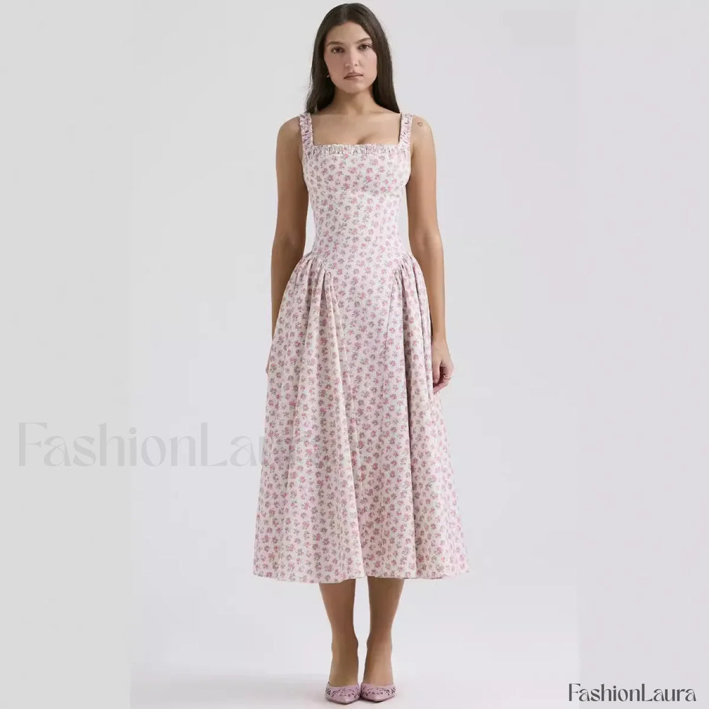 Bohemian Fragmented Flower Midi Dress Pink / S