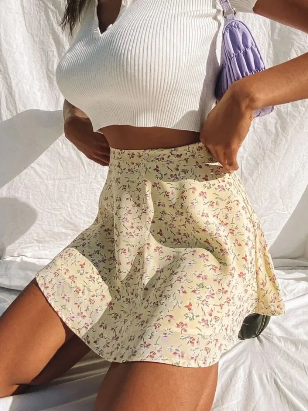 Boho Floral Pleated Beach Skirt Yellow / S