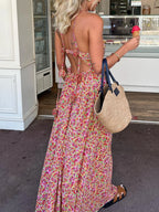 Boho Floral Print Rosette Decor Halter Long Dress Multicolor / XS Dresses
