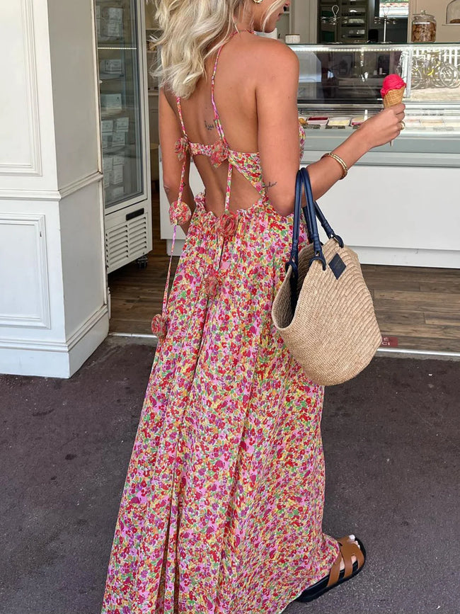 Boho Floral Print Rosette Decor Halter Long Dress Multicolor / XS Dresses Main image