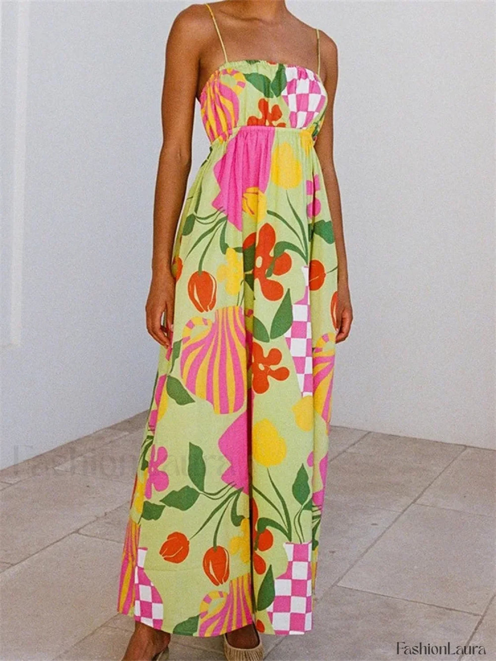 Boho Floral Strap Backless Maxi Dress yellow / S