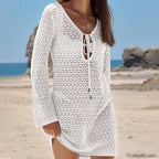 Boho Knit Solid Tie Up Hollow Out Cover Up
