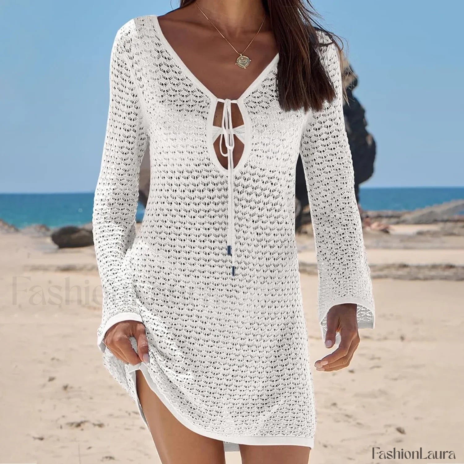 Boho Knit Solid Tie Up Hollow Out Cover Up WHITE / S
