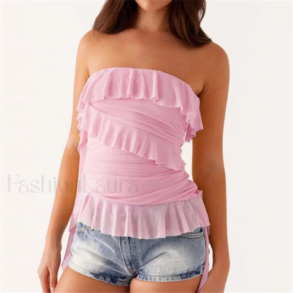 Boho Strapless Ruffle Crop Top Pink / S