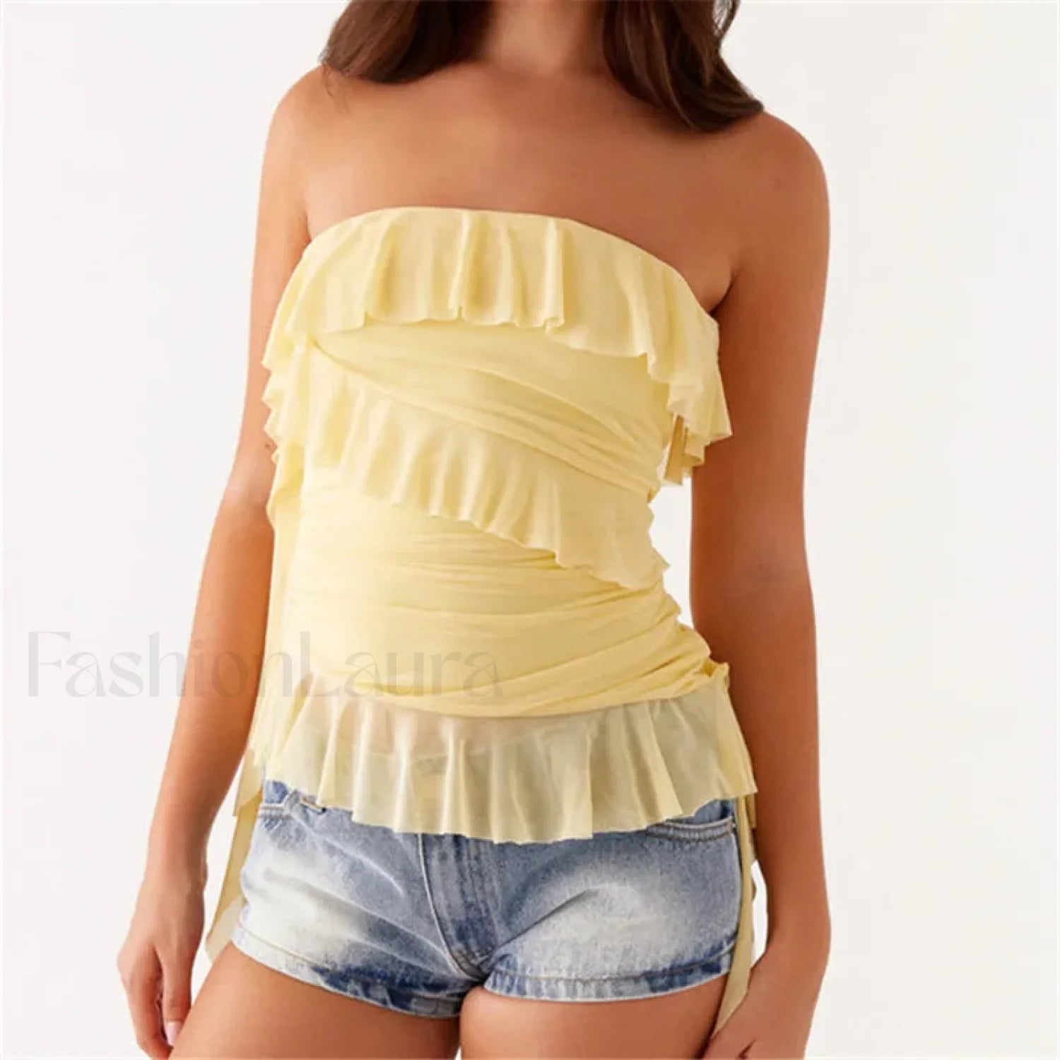 Boho Strapless Ruffle Crop Top Yellow / S Main image