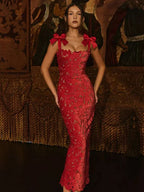 Bow Lace Backless Maxi Dress Red / S