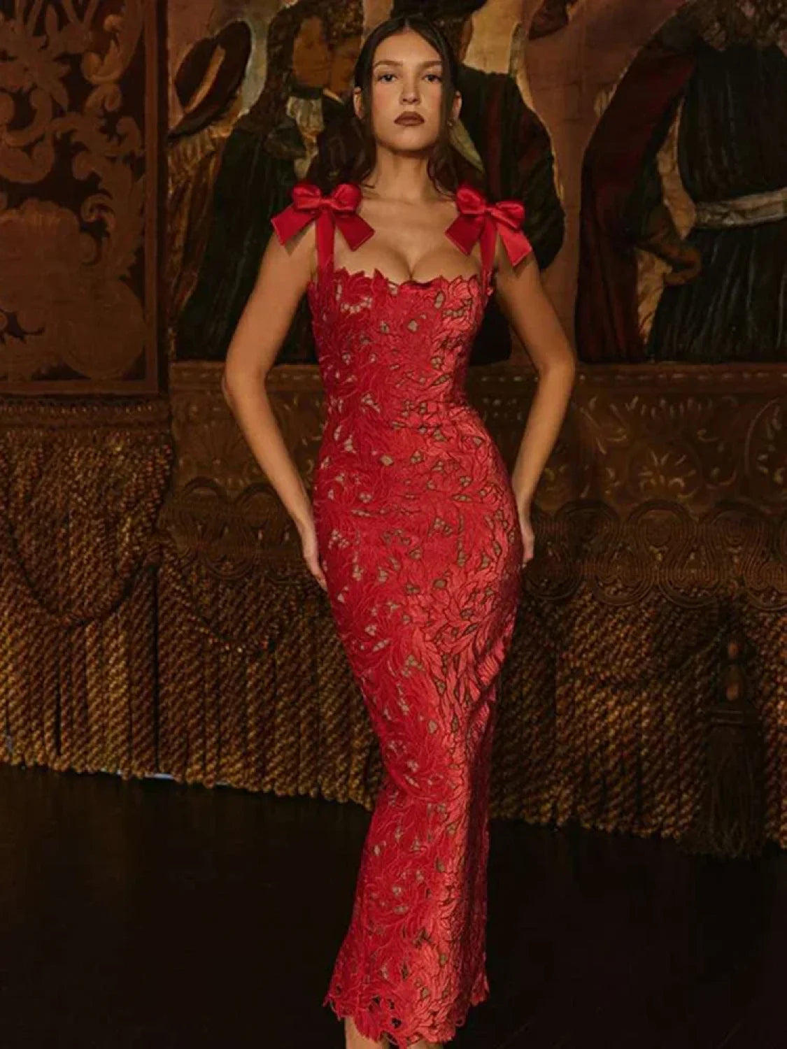 Bow Lace Backless Maxi Dress Red / S