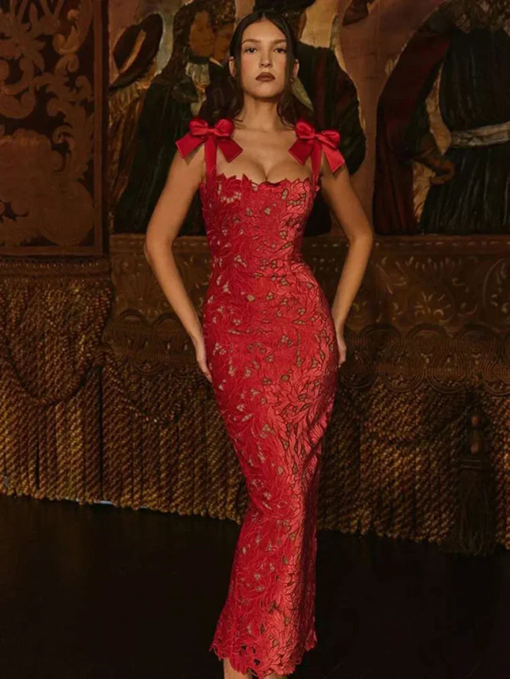 Bow Lace Backless Maxi Dress Red / S