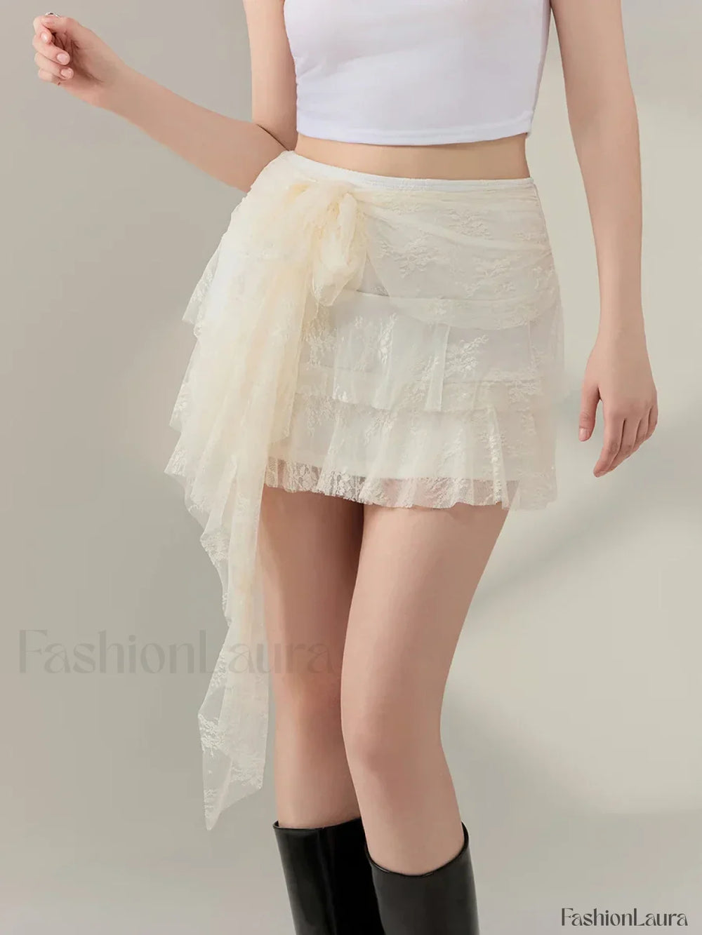 Bow Lace Ruffle Layered Mini Skirt