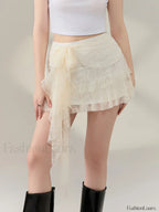 Bow Lace Ruffle Layered Mini Skirt