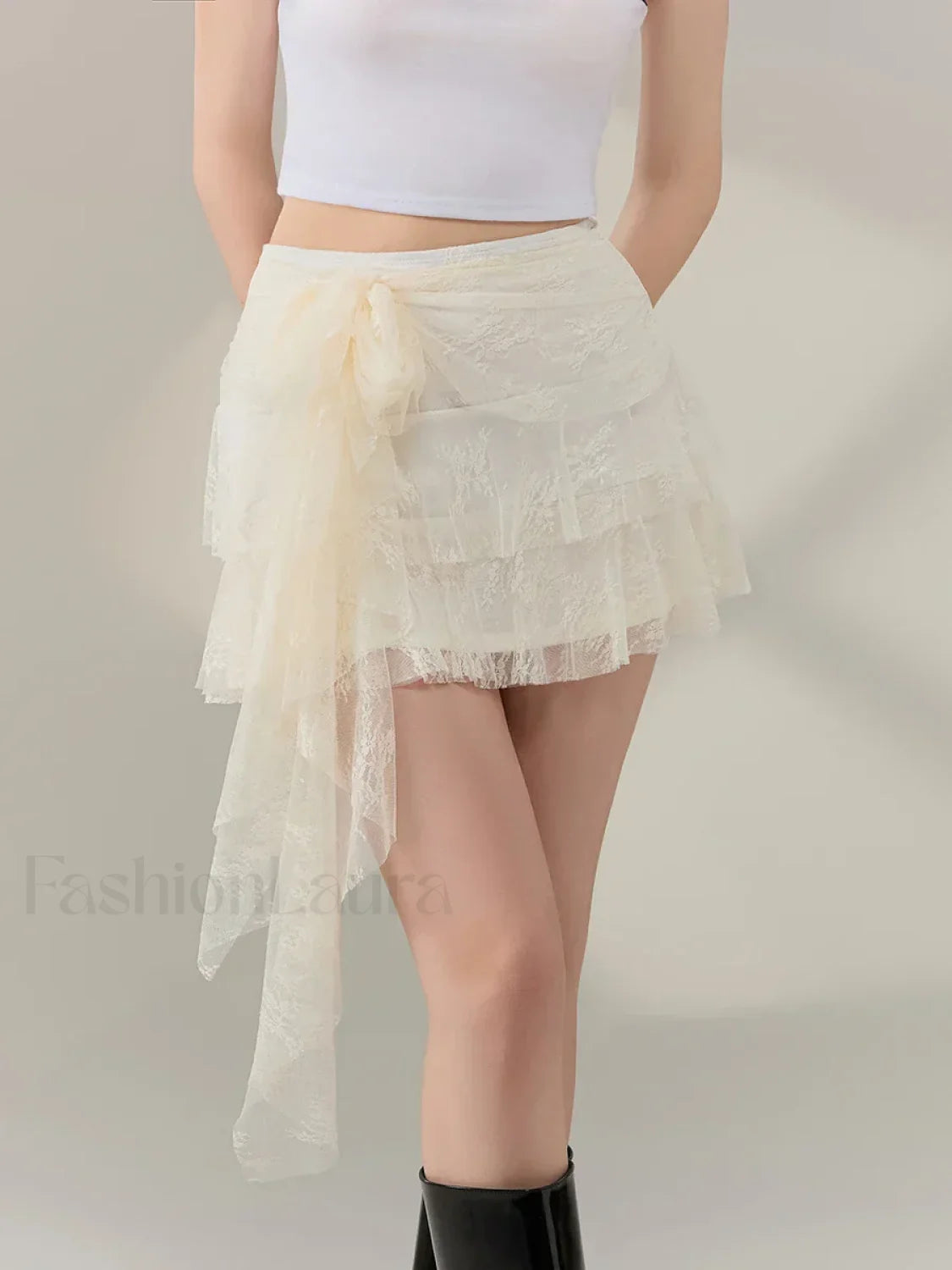 Bow Lace Ruffle Layered Mini Skirt Beige / S Main image