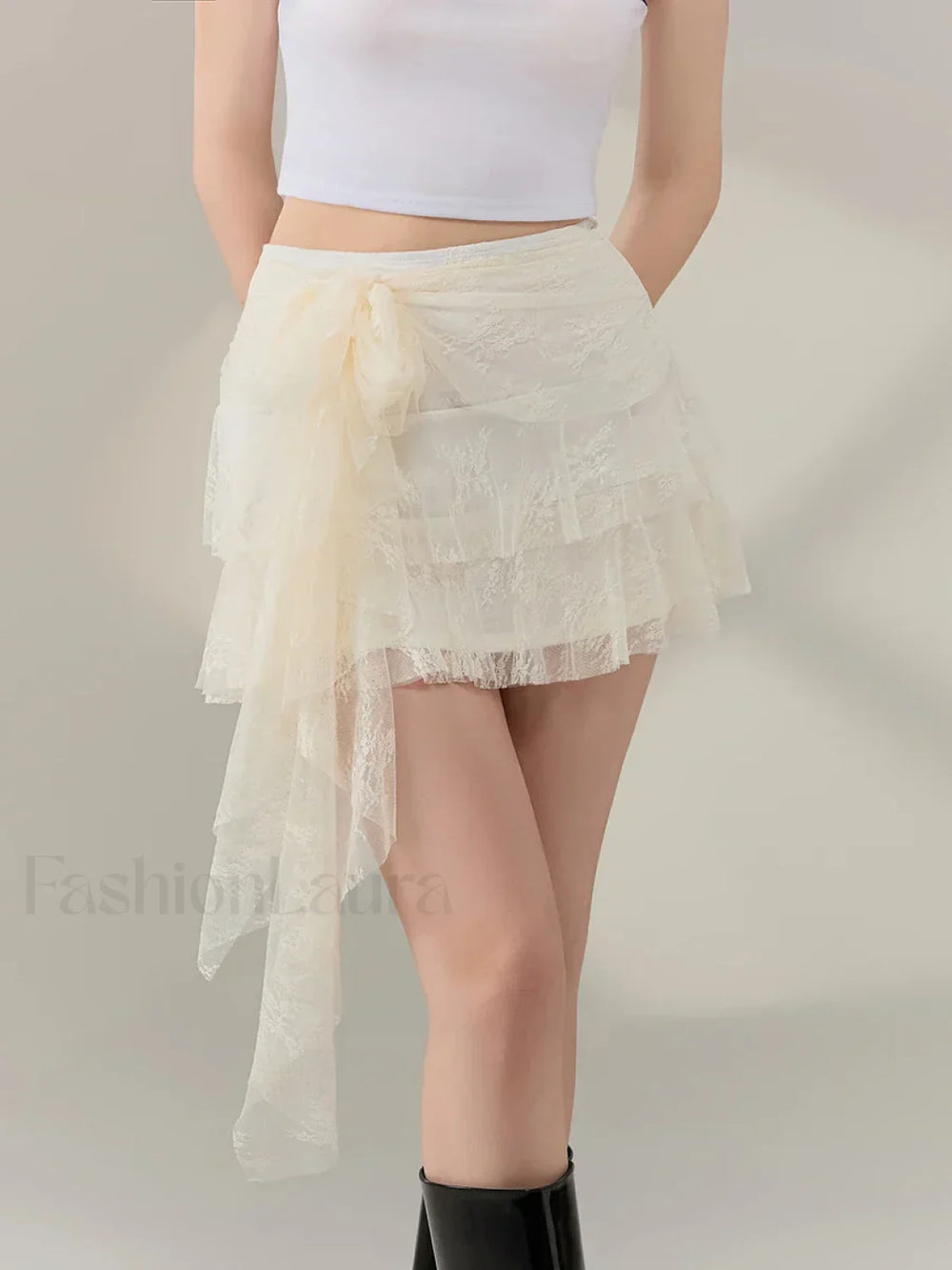Bow Lace Ruffle Layered Mini Skirt Beige / S