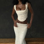 Bow Lace Square Neck Skirt Two Piece Set