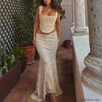 Bow Lace Square Neck Skirt Two Piece Set white Skirts / S