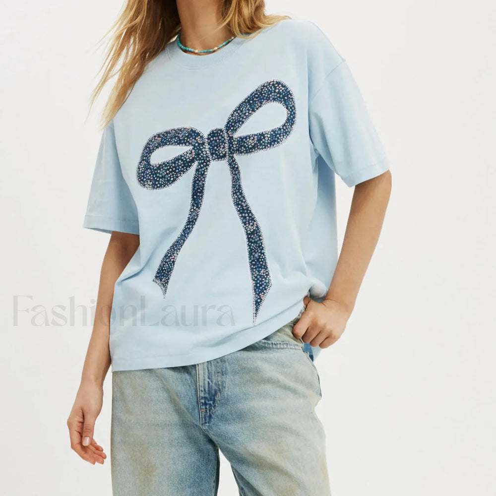 Bow Letter Number Pattern T Shirt SKY BLUE / S