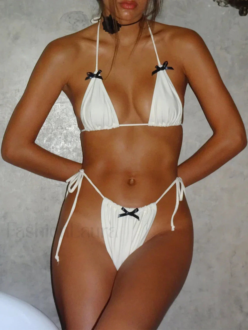 Bow Patchwork Contrast Bikini Set WHITE / S