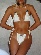 Bow Patchwork Contrast Bikini Set WHITE / S