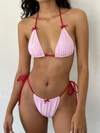 Bow Patchwork Contrast Bikini Set Pink / S