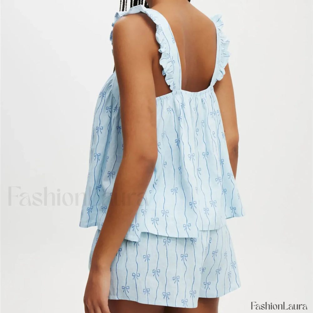Bow Print Ruffled Camisole Wide Leg Shorts Two Piece Set