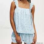 Bow Print Ruffled Camisole Wide Leg Shorts Two Piece Set