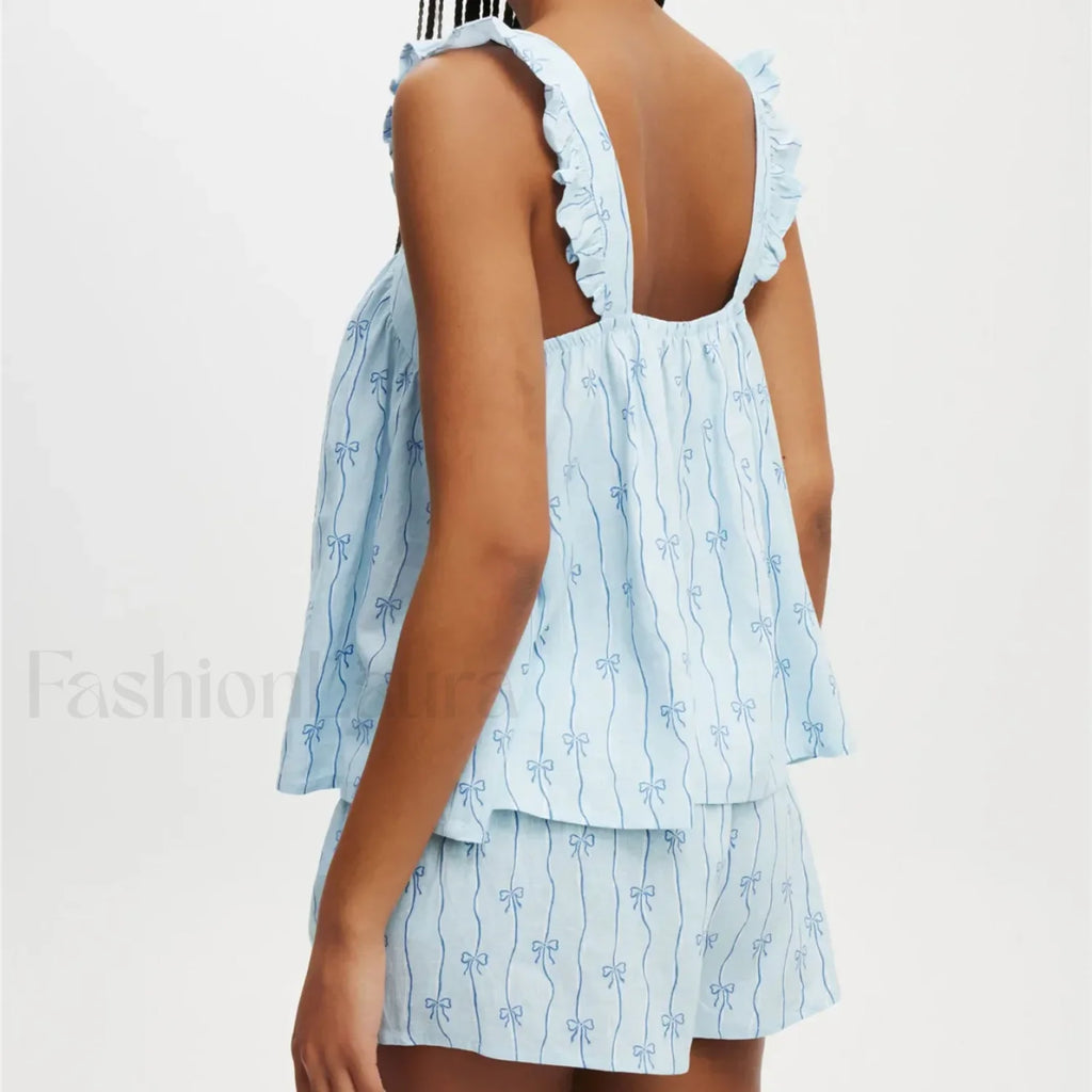 Bow Print Ruffled Camisole Wide Leg Shorts Two Piece Set