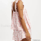 Bow Print Ruffled Camisole Wide Leg Shorts Two Piece Set