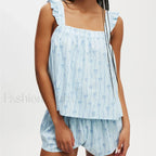 Bow Print Ruffled Camisole Wide Leg Shorts Two Piece Set