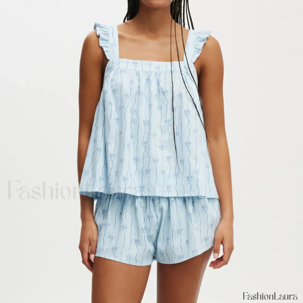 Bow Print Ruffled Camisole Wide Leg Shorts Two Piece Set Blue / S