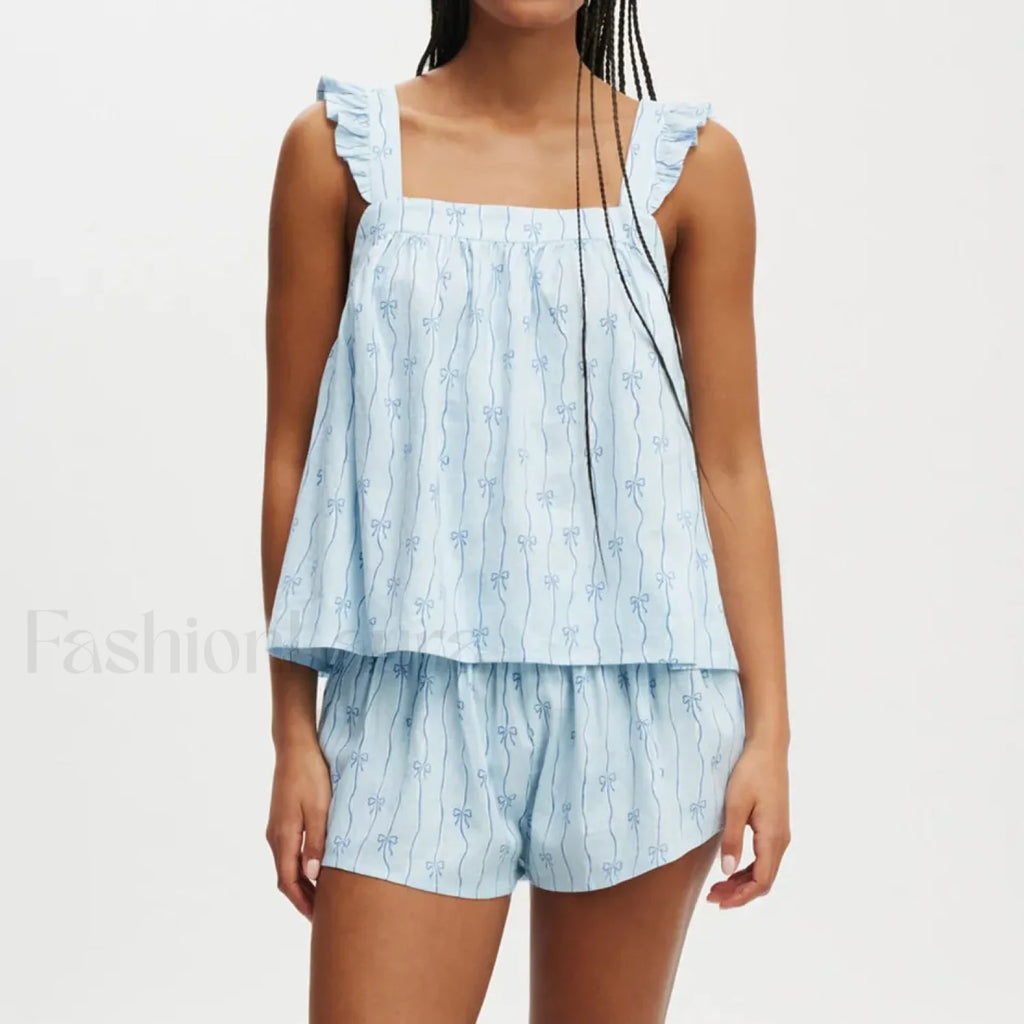Bow Print Ruffled Camisole Wide Leg Shorts Two Piece Set Blue / S