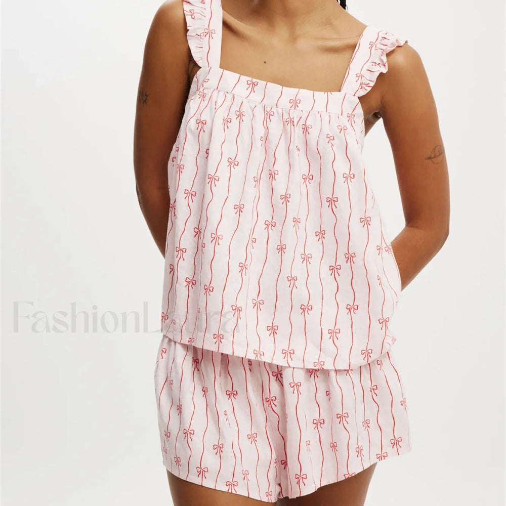 Bow Print Ruffled Camisole Wide Leg Shorts Two Piece Set Pink / S