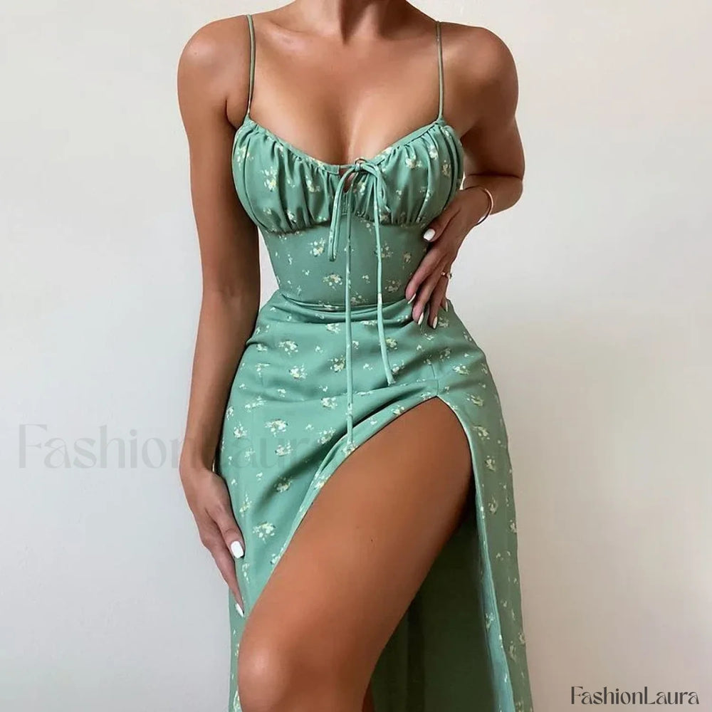 Bow Spaghetti Strap Floral Dress Green Flower / S