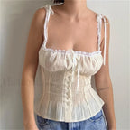 Bow Square Collar Ruffled Crop Top APRICOT / S