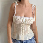 Bow Square Collar Ruffled Crop Top APRICOT / S