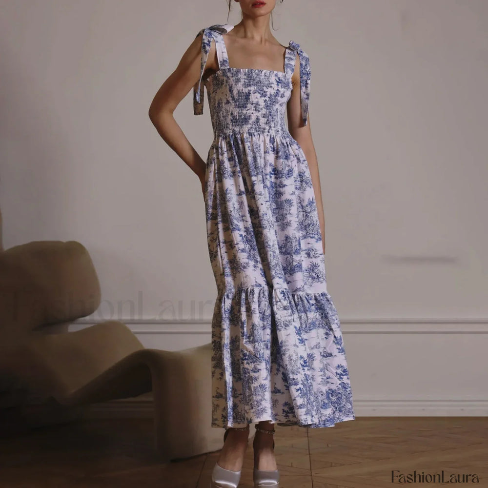 Bow Strap Floral Smocked Midi Dress