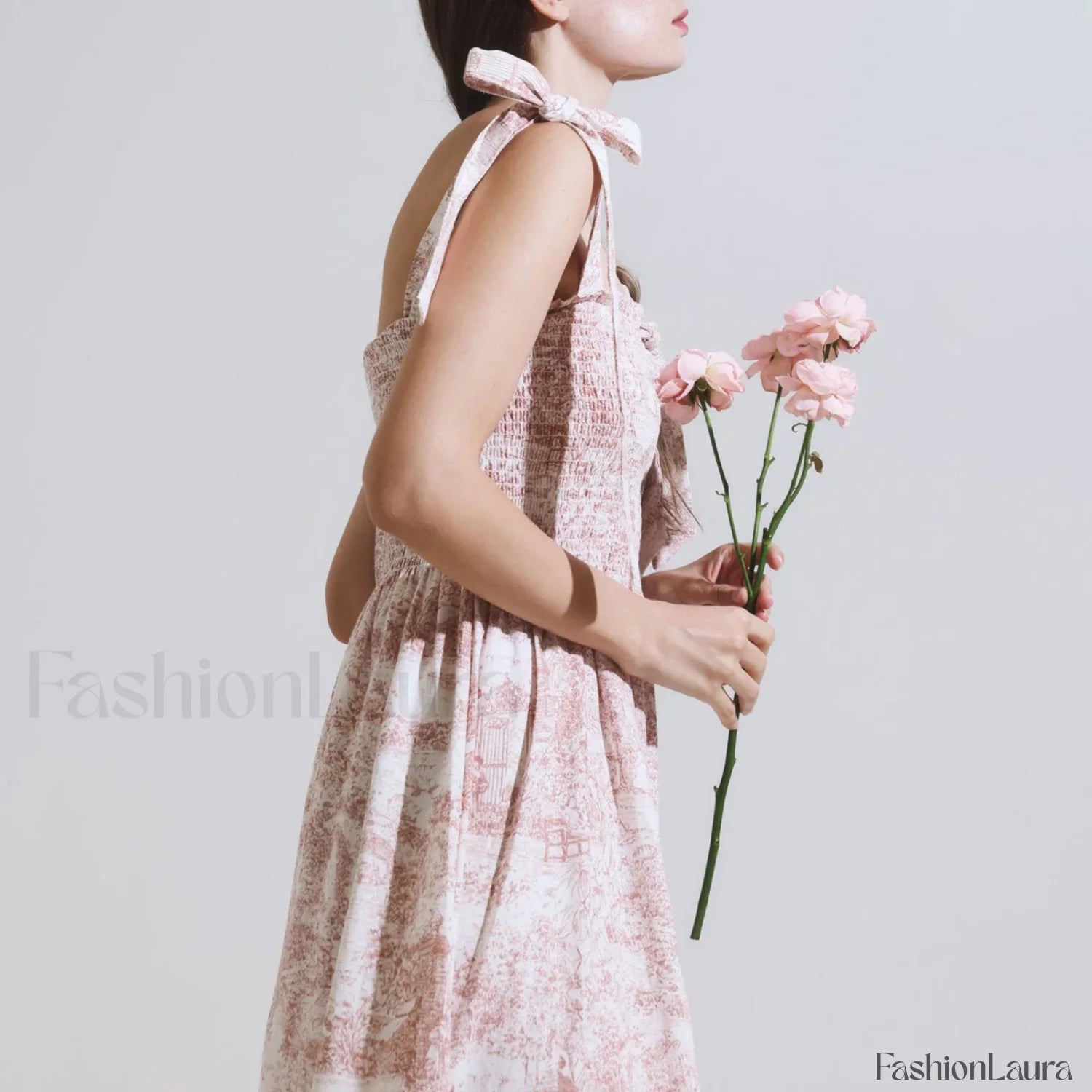 Bow Strap Floral Smocked Midi Dress
