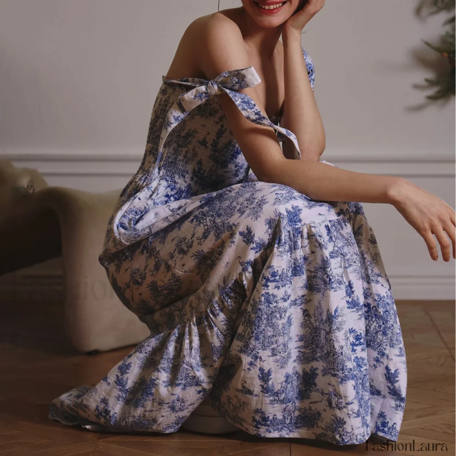Bow Strap Floral Smocked Midi Dress Blue / S