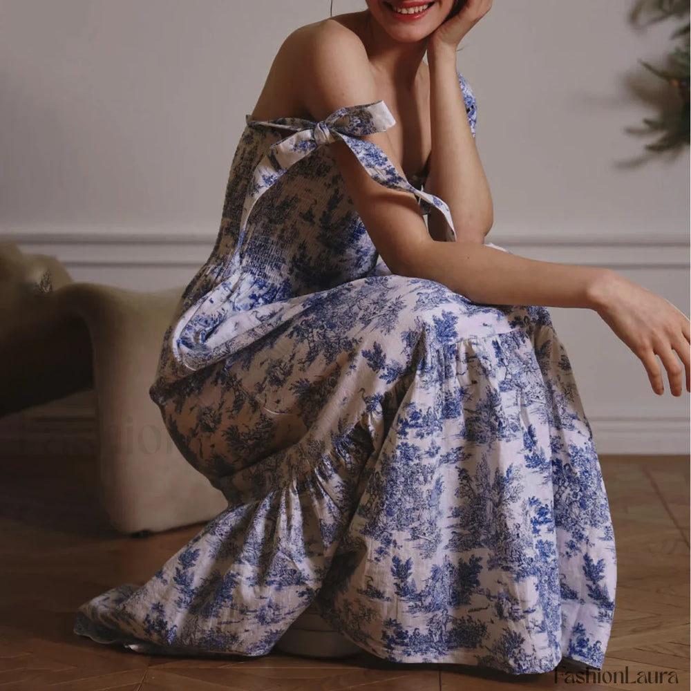 Bow Strap Floral Smocked Midi Dress Blue / S