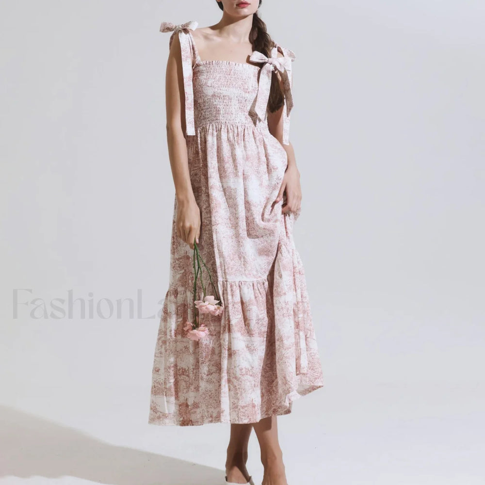 Bow Strap Floral Smocked Midi Dress Pink / S