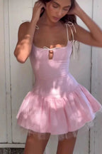 Bow Tie Mesh Cami Puff Mini Dress