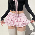 Bow Trim Low Waist Mini Skirt Pink / S