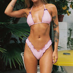 Bow Trim Vintage Halter Bikini Set PINK / S
