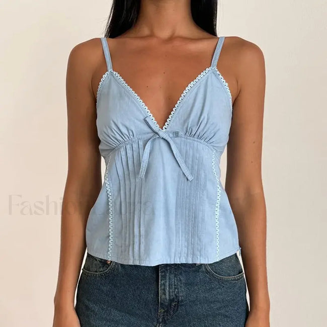 Bow V Neck Adjustable Crop Top Blue / S Main image
