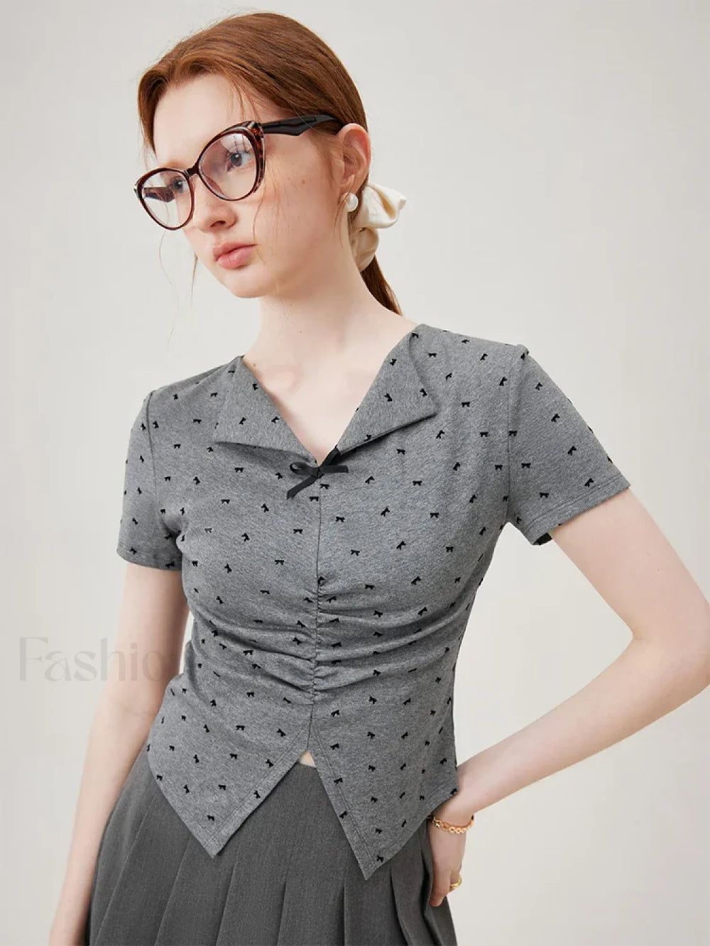 Bowknot Lapel Tight Knit Casual T Shirt