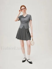 Bowknot Lapel Tight Knit Casual T Shirt