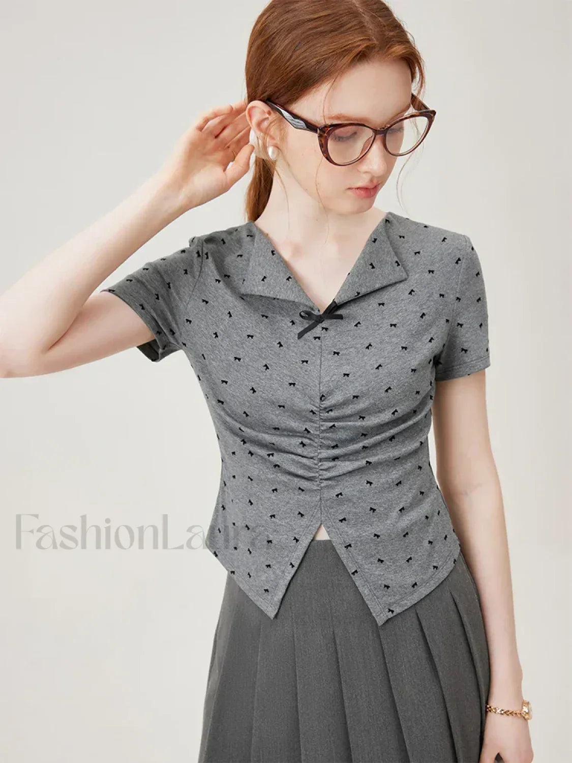 Bowknot Lapel Tight Knit Casual T Shirt GRAY / XS Main image