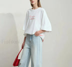 Bowknot Print Loose T Shirt Beige / One Size