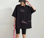 Bowknot Print Loose T Shirt Black / One Size