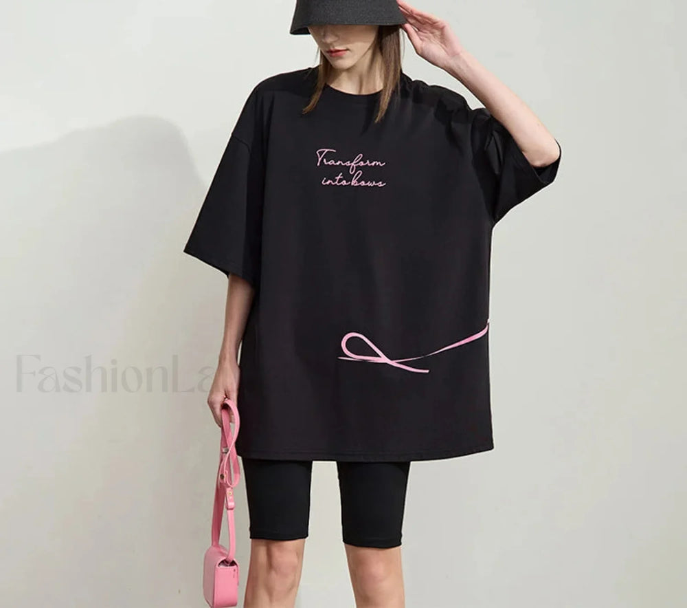 Bowknot Print Loose T Shirt Black / One Size